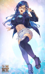 Rule 34 | 1girl, absurdres, black-framed eyewear, black footwear, black jacket, black shirt, black thighhighs, blue hair, blue nails, breasts, character request, crop top, full body, glasses, hand up, heart, high heels, highres, indie virtual youtuber, jacket, large breasts, long hair, long sleeves, looking at viewer, midriff, nail polish, navel, off shoulder, open clothes, open jacket, open mouth, parted bangs, radishkek, semi-rimless eyewear, shirt, short shorts, shorts, smile, solo, stomach, thighhighs, under-rim eyewear, virtual youtuber, w, white shorts, yellow eyes