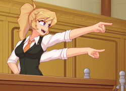 Rule 34 | 1girl, ace attorney, blonde hair, blue eyes, extra arms, fangs, formal, nelly (xyronii), original, ponytail, smile, solo, suit, xyronii