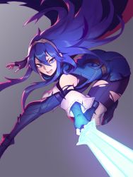 Rule 34 | 1girl, attack, belt, blue eyes, blue hair, boots, cape, elbow gloves, eyes visible through hair, fingerless gloves, fire emblem, fire emblem awakening, floating hair, foreshortening, gloves, glowing, glowing sword, glowing weapon, hair between eyes, hands up, highres, incoming attack, jumping, leaning forward, liyart, long hair, looking at viewer, lucina (fire emblem), nintendo, open mouth, outstretched arm, outstretched leg, pantyhose, sidelocks, solo, sword, symbol-shaped pupils, thigh boots, thighhighs, tiara, torn clothes, torn legwear, torn sleeves, tsurime, tunic, v-shaped eyebrows, weapon
