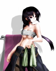 Rule 34 | 1girl, armored core, black hair, breasts, cleavage, female focus, from software, gray greed, highres, long hair, medium breasts, navel, ponytail, purple eyes, sarashi, solo, standing, stomach, towel, underboob, usuki (graygreed), white background