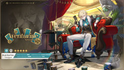 Rule 34 | 1boy, aqua shirt, aventurine (honkai: star rail), black footwear, black gloves, black jacket, blonde hair, card, commentary, couch, gloves, hand up, highres, holding, holding card, honkai: star rail, honkai (series), jacket, looking at viewer, male focus, official art, pants, plant, poker chip, potted plant, purple eyes, shirt, shoes, short hair, sitting, smile, white pants, zoom layer