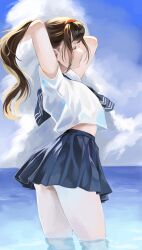 Rule 34 | 1girl, absurdres, adjusting hair, arms behind back, arms up, blue sailor collar, blue skirt, blue sky, brown hair, closed eyes, closed mouth, cloud, day, fengling (furin-jp), highres, horizon, long hair, original, outdoors, partially submerged, pleated skirt, sailor collar, school uniform, skirt, sky, solo, standing, water