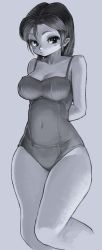 Rule 34 | 1girl, arms behind back, black hair, blush, breasts, cleavage, closed mouth, collarbone, covered navel, cowboy shot, expressionless, gobori, grey background, greyscale, hair between eyes, highres, large breasts, long hair, looking at viewer, monochrome, one-piece swimsuit, original, simple background, solo, standing, swimsuit, thick thighs, thighs