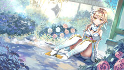 Rule 34 | 1girl, absurdres, bare shoulders, blonde hair, breasts, bush, cleavage, dress, feather hair ornament, feathers, flower, garden, genshin impact, hair between eyes, hair flower, hair ornament, hensenfm, highres, looking at viewer, lumine (genshin impact), medium breasts, outdoors, sitting, smile, solo, white dress, white flower, yellow eyes