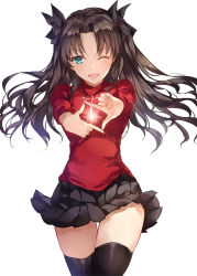 Rule 34 | 1girl, ;d, asle, black ribbon, black skirt, black thighhighs, blue eyes, brown hair, commentary request, cowboy shot, fate/stay night, fate (series), finger frame, hair ribbon, long hair, long sleeves, one eye closed, open mouth, pleated skirt, red shirt, revision, ribbon, shirt, simple background, skirt, smile, solo, thigh gap, thighhighs, tohsaka rin, two side up, v-shaped eyebrows, very long hair, white background, zettai ryouiki