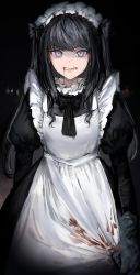 Rule 34 | 1girl, absurdres, apron, black gloves, black hair, black neckwear, black sleeves, blood, blood on clothes, blue eyes, clenched teeth, gawako, gloves, highres, long hair, long sleeves, looking at viewer, maid, maid apron, maid headdress, original, solo, teeth, v-shaped eyebrows, white apron, white headdress