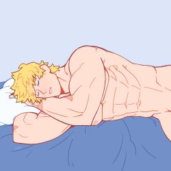 Rule 34 | 1boy, abs, bara, bed, blonde hair, blue eyes, boku no hero academia, completely nude, closed eyes, feraltintinsimp, highres, lying, male focus, messy hair, muscular, nipples, nude, on side, pectorals, pillow, scar, short hair, sleeping, solo, togata mirio