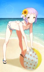 Rule 34 | 10s, 1girl, :o, ball, beach, beachball, bent over, bikini, breasts, brown eyes, butt crack, collarbone, commentary request, day, downblouse, flower, frilled bikini, frills, full body, glint, hair flower, hair ornament, idolmaster, idolmaster million live!, jewelry, legs apart, looking at viewer, makabe mizuki, mimizubare, nail polish, necklace, open mouth, outdoors, purple hair, sandals, short hair, small breasts, solo, sparkle, standing, swimsuit, toenail polish, toenails, white bikini