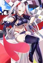 Rule 34 | 1girl, azur lane, black thighhighs, blush, boots, breasts, cafenami, checkered flag, crop top, flag, full body, gloves, hair ornament, headset, high heel boots, high heels, highres, holding, holding flag, jacket, large breasts, long hair, looking at viewer, miniskirt, multicolored clothes, multicolored hair, multicolored jacket, navel, official alternate costume, open clothes, open jacket, open mouth, prinz eugen (azur lane), prinz eugen (final lap) (azur lane), purple gloves, race queen, sitting, skirt, solo, streaked hair, thighhighs, twintails, underboob, white hair, yellow eyes