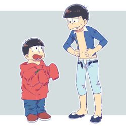 Rule 34 | 10s, 2boys, age comparison, brown hair, child, cosplay, costume switch, dual persona, heart, heart in mouth, kabu (bekka), looking at another, male focus, matsuno osomatsu, multiple boys, osomatsu-kun, osomatsu-san, outside border, oversized clothes, sleeves past wrists, smile, sweatdrop, tight clothes, time paradox