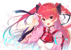 Rule 34 | 1girl, :d, black bow, blush, bow, branch, breasts, character request, commentary request, dress, flower, gyozanuko, hair between eyes, hair bow, head tilt, highres, holding, holding flower, long hair, long sleeves, open mouth, pink dress, purple flower, red eyes, red hair, small breasts, smile, solo, tenka hyakken, two side up, upper body, very long hair, white background, wide sleeves