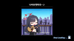 Rule 34 | 1girl, absurdres, acoustic guitar, black choker, black gloves, black hair, black shirt, black socks, black wings, blue archive, blue sky, chibi, choker, cityscape, closed eyes, feathered wings, gloves, guitar, hair ornament, hairpin, highres, ichika (blue archive), instrument, loading screen, long hair, microphone, music, open mouth, playing guitar, playing instrument, shirt, sky, smile, socks, tost (cloi123), wings