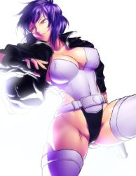 Rule 34 | 1girl, backlighting, belt, bloom, breasts, covered erect nipples, covered navel, cropped jacket, curvy, fingerless gloves, ghost in the shell, ghost in the shell stand alone complex, gloves, gun, highleg, highleg leotard, hip focus, jacket, kusanagi motoko, large breasts, leather, leather jacket, leotard, onsoku inu, purple hair, red eyes, short hair, solo, thighhighs, thighs, toned, weapon, white background