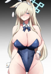 Rule 34 | ..., 10eki (tenchou), 1girl, alternate costume, animal ears, bare shoulders, blonde hair, blue archive, blue bow, blue bowtie, blue leotard, blush, bow, bowtie, breasts, cameltoe, cleavage, cleft of venus, clenched teeth, curvy, detached collar, dog ears, fake animal ears, gluteal fold, groin, hair over one eye, hairband, halo, hand on own hip, highleg, highleg leotard, highres, huge breasts, kanna (blue archive), leotard, parted lips, playboy bunny, rabbit ears, sharp teeth, spoken blush, spoken ellipsis, sweat, teeth, white hairband, wide hips, wrist cuffs, yellow eyes