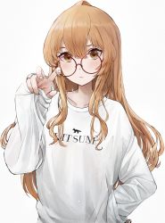Rule 34 | 1girl, absurdres, aisaka taiga, alternate costume, animal print, blush, brown eyes, brown hair, closed mouth, clothes writing, collarbone, commentary, envysoi, glass, glasses, grey background, hair between eyes, hand on own hip, hand up, highres, huge filesize, long hair, long sleeves, looking at viewer, red-framed eyewear, round eyewear, simple background, sleeves past wrists, solo, sweater, toradora!, upper body, white sweater