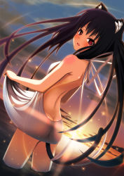 Rule 34 | 1girl, animal ears, ass, back, bare shoulders, black hair, blush, butt crack, cat ears, cat tail, clothes lift, cloud, dress, dutch angle, from behind, halterneck, highres, k-on!, long hair, looking back, nakano azusa, no bra, no panties, nukunuku (hinataboltuko), ocean, open mouth, red eyes, skirt, skirt lift, sky, smile, solo, sparkle, sun, sunset, tail, twintails, very long hair, wading, water, wet, white dress