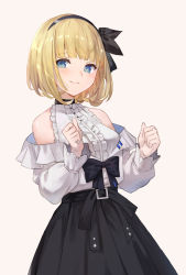 Rule 34 | 1girl, bare shoulders, black bow, black hairband, black ribbon, black skirt, blonde hair, blue eyes, blunt bangs, blush, bow, breasts, center frills, closed mouth, commentary request, cowboy shot, frilled shirt, frills, hair ribbon, hairband, highres, kobuta, long sleeves, looking at viewer, medium breasts, open clothes, open shirt, original, ribbon, shirt, short hair, simple background, skirt, smile, solo, white background