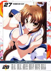 Rule 34 | 1girl, alternate color, bare shoulders, between breasts, blush, breasts, brown eyes, brown hair, cleavage, fatal fury, hand fan, highres, izumi mahiru, large breasts, long hair, looking at viewer, ninja, non-web source, official art, ponytail, queen&#039;s blade, queen&#039;s gate, revealing clothes, scan, shiranui mai, simple background, smile, solo, the king of fighters, tongue, tongue out