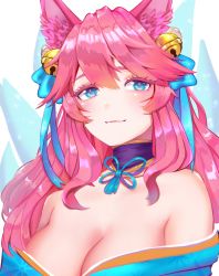 Rule 34 | 1girl, ahri (league of legends), alternate hair color, animal ear fluff, animal ears, bell, black choker, blue ribbon, blue tail, blush, breasts, choker, cleavage, facial mark, fox ears, fox tail, hair bell, hair ornament, highres, kyuubi, large breasts, league of legends, liu, looking at viewer, multiple tails, off shoulder, ribbon, simple background, solo, spirit blossom ahri, tail, vastaya, whisker markings, white background