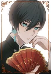 Rule 34 | 1boy, black hair, black shirt, blue eyes, blue lock, chinese clothes, closed mouth, earrings, hand fan, hand up, highres, holding, holding fan, itoshi rin, jewelry, looking at viewer, male focus, shirt, short hair, single earring, solo, upper body, white background, yorimeow