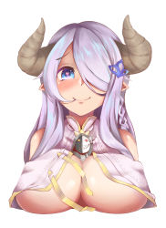 Rule 34 | 10s, 1girl, blue eyes, breast rest, breasts, closed mouth, creature, draph, covered erect nipples, granblue fantasy, hair ornament, hair over one eye, hairclip, heart, heart-shaped pupils, highres, horns, index finger raised, large breasts, lips, long hair, looking at viewer, narmaya (granblue fantasy), no bra, pingqiong xiansheng, pink hair, pointing, pointing up, pointy ears, sharp teeth, simple background, smile, solo, split theme, symbol-shaped pupils, teeth, upper body, white background