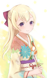 Rule 34 | 1girl, absurdres, alternate costume, arrow (projectile), bang dream!, beige kimono, bell, blonde hair, blush, bow, braid, commentary request, floral background, floral print, furisode, gradient background, green background, hair bow, half updo, hamaya, highres, holding, holding arrow, japanese clothes, kimono, long hair, long sleeves, looking at viewer, new year, obi, obijime, print kimono, purple eyes, red bow, sash, shirasagi chisato, side braids, sidelocks, smile, solo, upper body, white background, wide sleeves, yusanda (hiruma aoi)