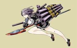 Rule 34 | 10s, 1girl, breasts, cannon, checkered clothes, checkered necktie, checkered neckwear, dress, full body, glaive (polearm), gloves, hair intakes, halo, image sample, kamizono (spookyhouse), kantai collection, machine, machinery, mecha, mechanical halo, necktie, no headwear, polearm, purple eyes, purple hair, resolution mismatch, robot, school uniform, short hair, simple background, solo, source larger, tatsuta (kancolle), turret, weapon