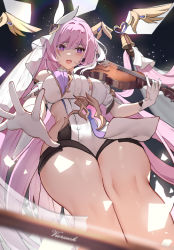 Rule 34 | 1girl, bare legs, bare shoulders, bell, blush, bow (music), breasts, diamond-shaped pupils, diamond (shape), elysia (honkai impact), from below, gloves, hair between eyes, hair intakes, holding, holding instrument, honkai (series), honkai impact 3rd, instrument, large breasts, long hair, open mouth, pink hair, pointy ears, purple eyes, reaching, reaching towards viewer, sideless outfit, symbol-shaped pupils, thighs, very long hair, vierzeck, violin, wings