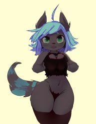 Rule 34 | 1girl, :p, ahoge, animal ears, blue hair, c-string, dog ears, dog tail, drawfag, female focus, furry, furry female, green eyes, looking at viewer, navel, solo, strapless bottom, tail, thighhighs, tongue, tongue out, wide hips, yev-san