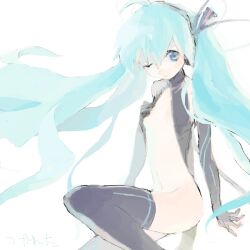 Rule 34 | 1girl, ahoge, alternate costume, aqua hair, arm at side, bad drawr id, bad id, black gloves, black thighhighs, blue eyes, breasts, cowboy shot, d;, elbow gloves, floating hair, gloves, groin, hair between eyes, hand on own chest, hand up, hatsune miku, jaggy lines, knee up, long hair, looking at viewer, navel, no nose, no panties, oekaki, ohiam, one eye closed, open mouth, pale color, parted lips, simple background, small breasts, solo, stomach, swept bangs, tareme, thighhighs, turtleneck, twintails, very long hair, vocaloid, white background