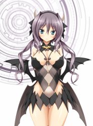 Rule 34 | 1girl, argyle, arms behind back, black wings, blue eyes, demon girl, demon horns, demon wings, hairband, highres, horns, koku, leotard, long hair, looking at viewer, matsuriya minato, official art, photoshop (medium), realive, silver hair, smile, solo, transparent background, twintails, wings