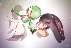 Rule 34 | 2girls, arm up, arms up, black hair, black skin, blunt bangs, blurry, bob cut, closed mouth, colored skin, creatures (company), depth of field, enden (pixiv 57969220), extra mouth, female focus, flat chest, full body, game freak, gardevoir, gen 3 pokemon, gradient background, green hair, green skin, hair over one eye, happy, highres, light particles, looking at viewer, mawile, multicolored skin, multiple girls, nintendo, one eye covered, open mouth, outstretched arm, pokemon, pokemon (creature), reaching, reaching towards viewer, red eyes, sharp teeth, short hair, simple background, smile, teeth, two-tone skin, white background, white skin, yellow skin