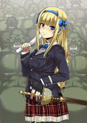 Rule 34 | 1girl, 6+boys, bald, black gloves, black pantyhose, blazer, blonde hair, blue bow, blue eyes, blunt bangs, blush, bow, breasts, buckle, buttons, closed mouth, colored skin, cowboy shot, drill hair, fangs, fingerless gloves, folding fan, from side, gloves, green skin, hair bow, hairband, hand fan, harisen, holding, jacket, light smile, long hair, looking at viewer, multiple boys, muscular, no pupils, nude, orc, original, over shoulder, pantyhose, paper fan, plaid, plaid skirt, pleated skirt, pocket, rapier, red skirt, scabbard, school uniform, sharp teeth, sheath, sheathed, shirt, sidelocks, skirt, smile, solo focus, strap, sword, teeth, thick thighs, thighs, troll, weapon, yutakamehi
