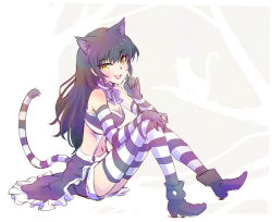 Rule 34 | 1girl, alternate costume, animal ears, black hair, blake belladonna, breasts, cat ears, cat tail, cleavage, eyeliner, full body, gloves, highres, iesupa, makeup, rwby, smile, solo, striped clothes, striped gloves, striped tail, striped thighhighs, tail, thighhighs, yellow eyes