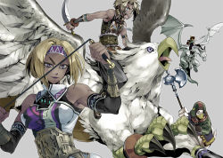 Rule 34 | 1girl, 2boys, angry, axe, bird, black hair, blonde hair, boots, bright (suikoden), bun-o, claws, dagger, dark skin, dragon, duck, earrings, fubar (suikoden), futch, futch (suikoden), gensou suikoden, gensou suikoden iii, gradient hair, griffin, hairband, helmet, hugo (suikoden iii), jewelry, knife, lucia (suikoden), mother and son, multicolored hair, multiple boys, open mouth, pants, polearm, purple eyes, sgt joe, short hair, simple background, smile, sword, weapon, whip, wings