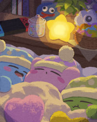 Rule 34 | basket, bed, bed sheet, blush, book, candy, character doll, closed eyes, desk, food, gooey (kirby), highres, hug, jar, kirby, kirby (series), konpeitou, kracko, lamp, light, light rays, miclot, nintendo, nintendo switch, open mouth, outstretched arms, pajamas, saliva, saliva trail, sleep kirby, sleeping, spread arms, star (symbol), stuffed toy, tongue, warp star