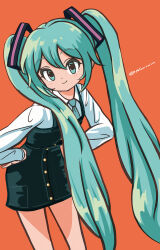 Rule 34 | 1girl, blue eyes, blue hair, blue necktie, closed mouth, collared shirt, dress, hair between eyes, hands on own hips, hatsune miku, highres, legs apart, light blue hair, long hair, looking at viewer, necktie, norixio, orange background, pinafore dress, shirt, simple background, sleeveless, sleeveless dress, smile, solo, standing, twintails, twitter username, very long hair, vocaloid, white shirt
