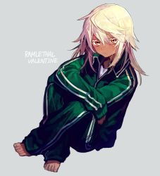 Rule 34 | 1girl, barefoot, character name, colored eyelashes, commentary request, crossed arms, crossed legs, dark-skinned female, dark skin, full body, guilty gear, guilty gear xrd, gym uniform, hair between eyes, jacket, long hair, looking at viewer, orange eyes, pants, ramlethal valentine, simple background, sitting, solo, suzunashi, track jacket, track pants, track suit, white hair