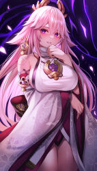 Rule 34 | 1girl, absurdres, animal ears, bare shoulders, blush, breasts, detached sleeves, earrings, electricity, fox ears, genshin impact, grin, hair ornament, highres, jewelry, kitsune, large breasts, long hair, looking at viewer, nano (syoutamho), necklace, pendant, petals, pink hair, purple eyes, red skirt, revision, sidelocks, skirt, sleeveless, smile, thighs, very long hair, wide sleeves, yae miko