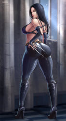 Rule 34 | 1girl, ass, bare shoulders, black hair, boots, breasts, bridal gauntlets, claws, come hither, flowerxl, from behind, green eyes, hand on own ass, high heel boots, high heels, highres, huge ass, knee boots, large breasts, long hair, looking at viewer, looking back, marvel, pants, parted lips, red eyes, shiny clothes, shiny skin, sideboob, skin tight, smile, solo, x-23, x-men