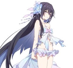 Rule 34 | 1girl, bare arms, bare shoulders, bikini, black hair, blue bow, blue flower, blue hair, bow, closed mouth, commentary request, flower, frilled bikini, frills, gradient bow, grey eyes, hair between eyes, hair flower, hair ornament, highres, honkai (series), honkai impact 3rd, kaede-san (teriri kaede), light smile, looking at viewer, multicolored hair, navel, pink bow, seele vollerei, seele vollerei (herrscher of rebirth), simple background, solo, standing, swimsuit, two-tone hair, white background, white bikini