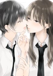 Rule 34 | 2girls, black hair, blue eyes, brown hair, closed eyes, commentary request, highres, imminent kiss, looking at another, multiple girls, necktie, original, saki hajime, short hair, yuri