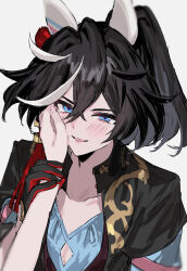 Rule 34 | 1girl, 1other, animal ears, black gloves, black hair, black jacket, blue eyes, blush, breasts, cleavage, cleavage cutout, clothing cutout, collarbone, commentary request, ear covers, gloves, hair between eyes, hair ornament, hand on another&#039;s cheek, hand on another&#039;s face, highres, holding another&#039;s arm, horse ears, horse girl, jacket, katsuragi ace (umamusume), long sleeves, m75255831, medium hair, multicolored hair, open clothes, open jacket, ponytail, red gloves, simple background, small breasts, smile, solo focus, streaked hair, two-tone gloves, umamusume, white background, white hair