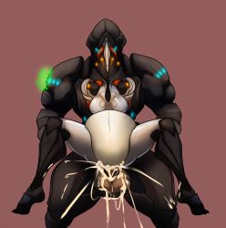 Rule 34 | 1boy, 1girl, artist request, breasts, cum, cum in pussy, ember (warframe), excessive cum, hetero, highres, humanoid robot, inflation, m legs, penis, rhino (warframe), robot, sex, simple background, small breasts, source request, vaginal, warframe