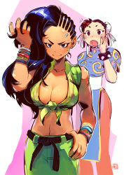 Rule 34 | :o, andrewcockroach, bandaid, bare shoulders, black hair, blue eyes, bracelet, breasts, brown hair, capcom, chun-li, cleavage, double bun, flying sweatdrops, jewelry, laura matsuda, long hair, medium breasts, midriff, mikoyan, open mouth, pantyhose, short hair, smile, spiked bracelet, spikes, street fighter, street fighter v