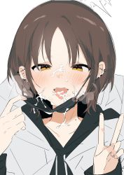 Rule 34 | 1girl, bad id, bad twitter id, black mask, blue archive, blush, brown hair, cum, ear piercing, facial, halo, highres, hood, hood down, hood up, jacket, long sleeves, mask, mask pull, misaki (blue archive), mouth mask, orange eyes, piercing, portrait, short hair, simple background, solo, v, white background, ymm007xx