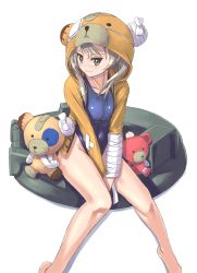 Rule 34 | 10s, 1girl, animal hood, bandages, bear hood, blue one-piece swimsuit, boko (girls und panzer), brown eyes, closed mouth, girls und panzer, highres, hood, jacket, light brown hair, light smile, long hair, looking at viewer, nenchi, no pants, one-piece swimsuit, open clothes, open jacket, school swimsuit, shimada arisu, simple background, sitting, solo, stuffed animal, stuffed toy, swimsuit, tank cupola, teddy bear, v arms, white background