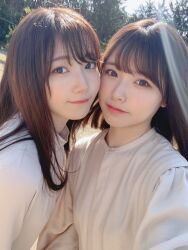 Rule 34 | 2girls, aoyama nagisa, costume, liyuu, looking at viewer, multiple girls, outdoors, photo (medium), selfie, smile, standing