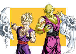 Rule 34 | 2boys, antennae, bald, black-framed eyewear, black nails, black sash, black wristband, blonde hair, cape, closed mouth, colored skin, commentary request, dougi, dragon ball, dragon ball super, dragon ball super super hero, forest 1988, glasses, green eyes, green skin, hat, holding, holding clothes, holding hat, holding removed eyewear, looking at viewer, male focus, multiple boys, muscular, muscular male, nail polish, outside border, pants, piccolo, pointy ears, purple pants, purple shirt, red sash, sash, serious, shirt, signature, simple background, son gohan, spiked hair, super saiyan, super saiyan 1, tossing, turban, unworn eyewear, unworn hat, unworn headwear, v-shaped eyebrows, white cape, wristband