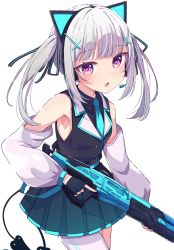 Rule 34 | 1girl, :o, absurdres, animal ear headphones, animal ears, apex legends, asumi sena, bare shoulders, black shirt, black vest, blue necktie, blue skirt, blush, collared shirt, commentary request, demon tail, detached sleeves, fake animal ears, grey hair, gun, hair ornament, headphones, headset, highres, holding, holding gun, holding weapon, long sleeves, looking at viewer, m1904 mastiff, necktie, okota mikan, parted lips, pleated skirt, puffy long sleeves, puffy sleeves, purple eyes, shirt, simple background, single leg pantyhose, skirt, sleeveless, sleeveless shirt, solo, tail, twintails, vest, virtual youtuber, vspo!, weapon, white background, white legwear, white sleeves